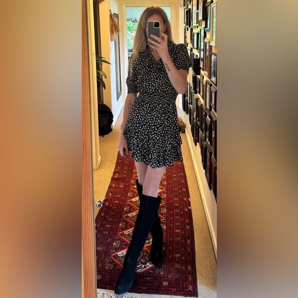 Black White Polka Micro Dot Leopard Print Ruffle Puff Sleeve Mini Boho Dress - Picture 10 of 12